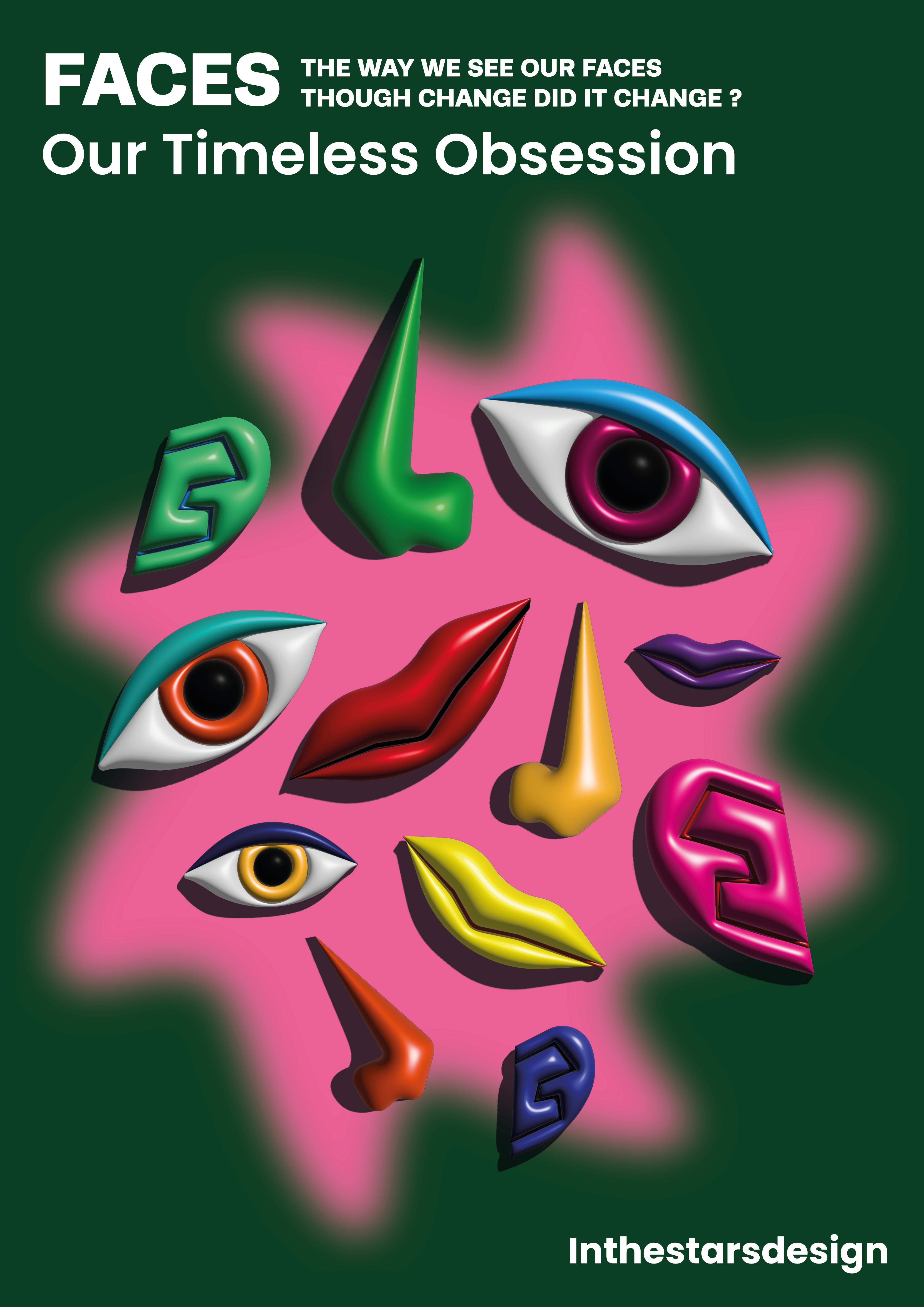 Illustration avec des éléments de visage type nez, oeil et lèvres en 3D. Version rose et verte